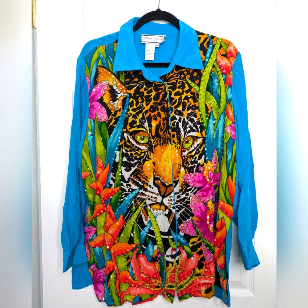 Vintage Diane Gilman 100% Silk Shirt Leopard Face Jungle Print Size 1X